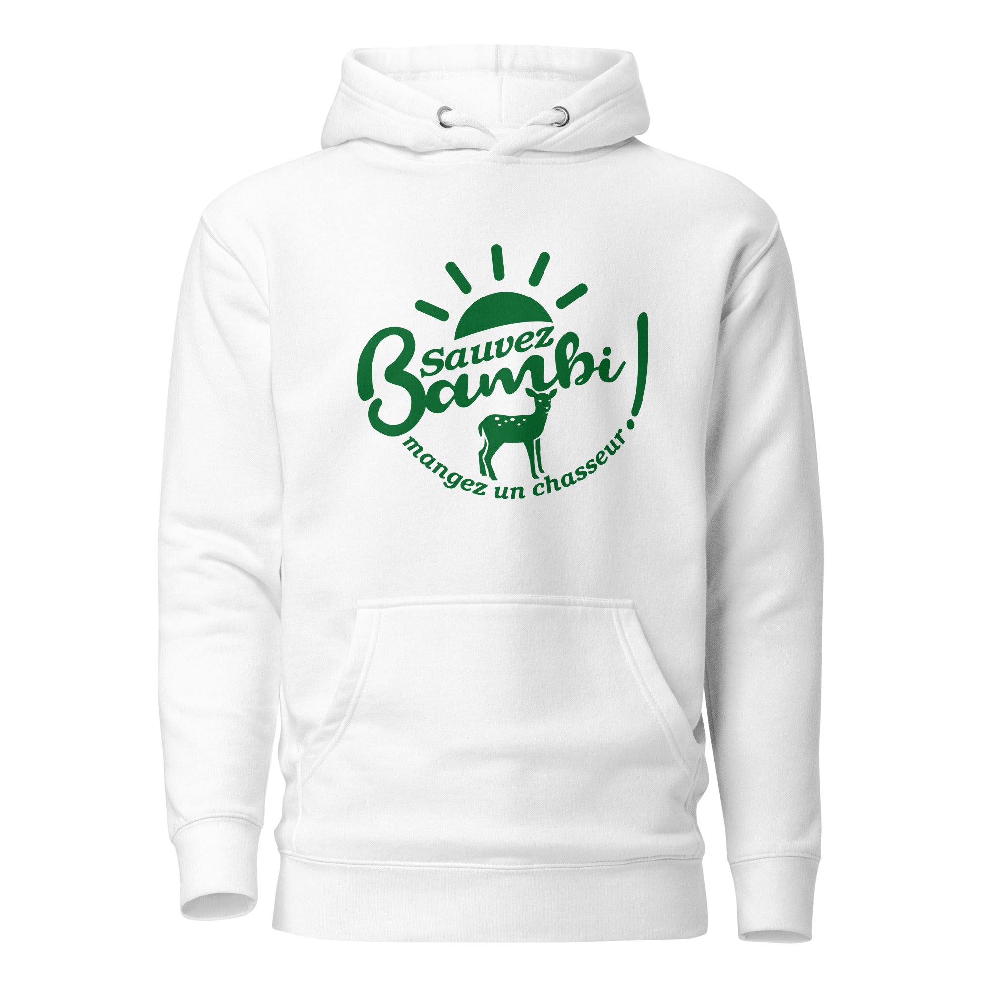 sauvez-bambi-manger-un-chasseur-sweat-capuche-personnalise-blanc