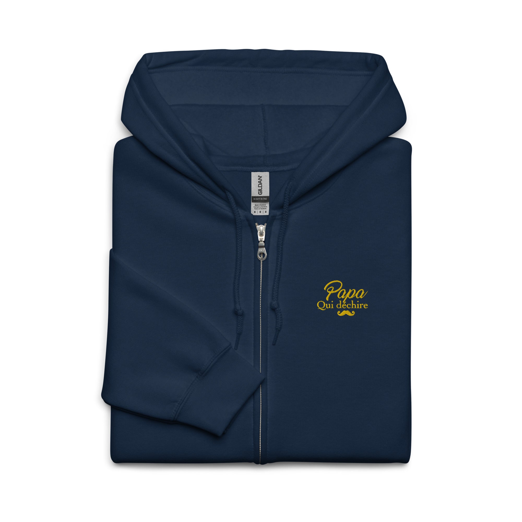 sweat-capuche-zippe-brode-papa-qui-dechire-cadeau-papa-navy-jaune