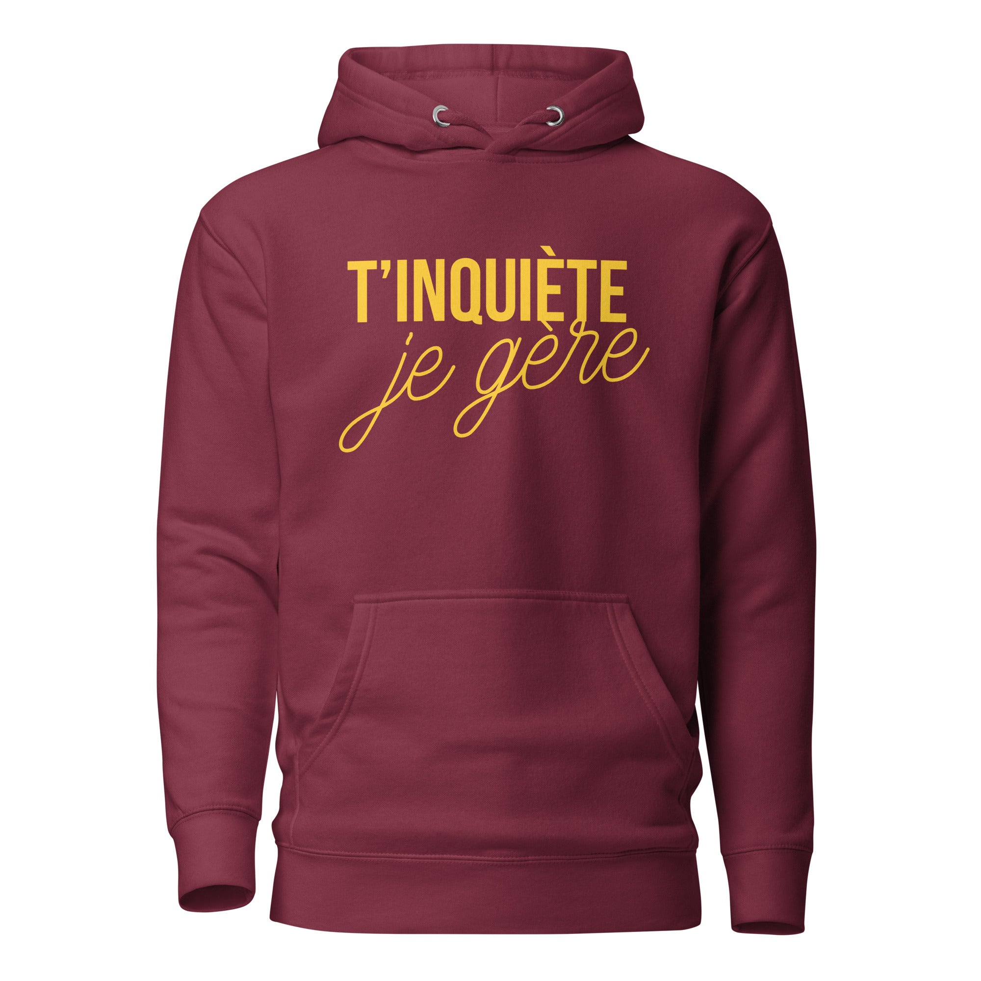 tinquiete-je-gere-sweat-capuche-personnalise-bordeaux-jaune