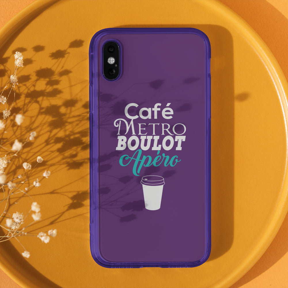 Coque iPhone violette 'Café Métro Boulot Apéro' - Accessoire téléphone humour français