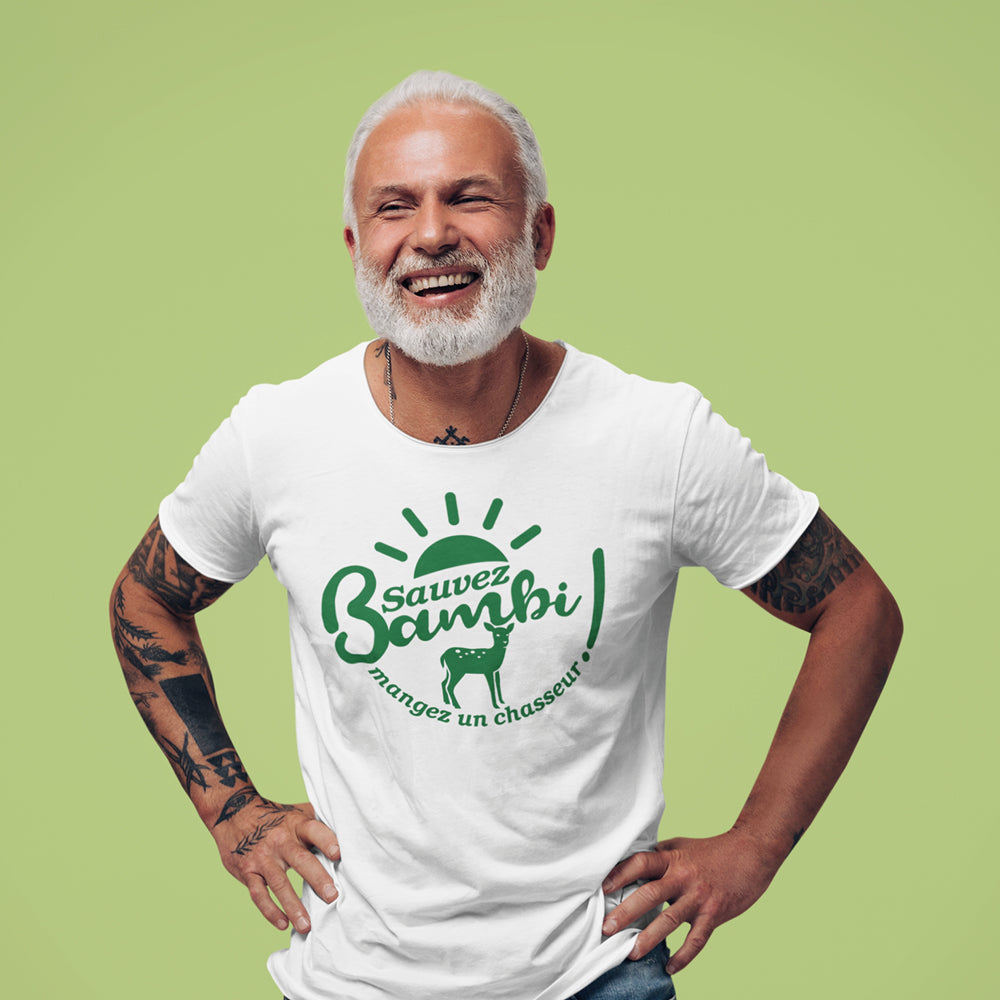 T-shirt blanc homme 'Sauvez Bambi mangez un chasseur' - Vêtement humour écolo personnalisé
