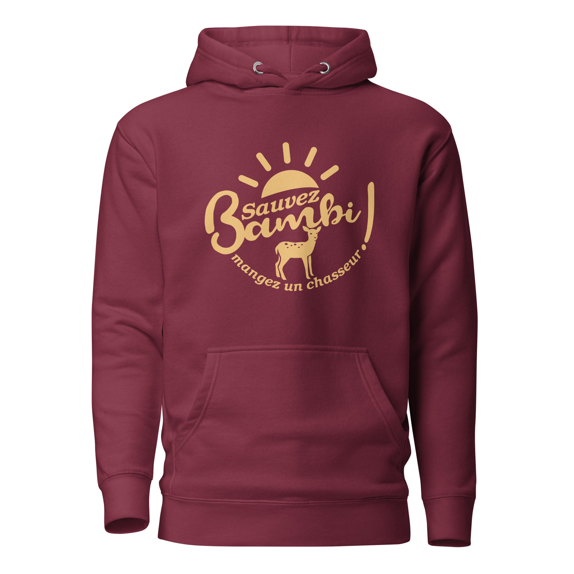 sauvez-bambi-manger-un-chasseur-sweat-capuche-personnalise-bordeaux