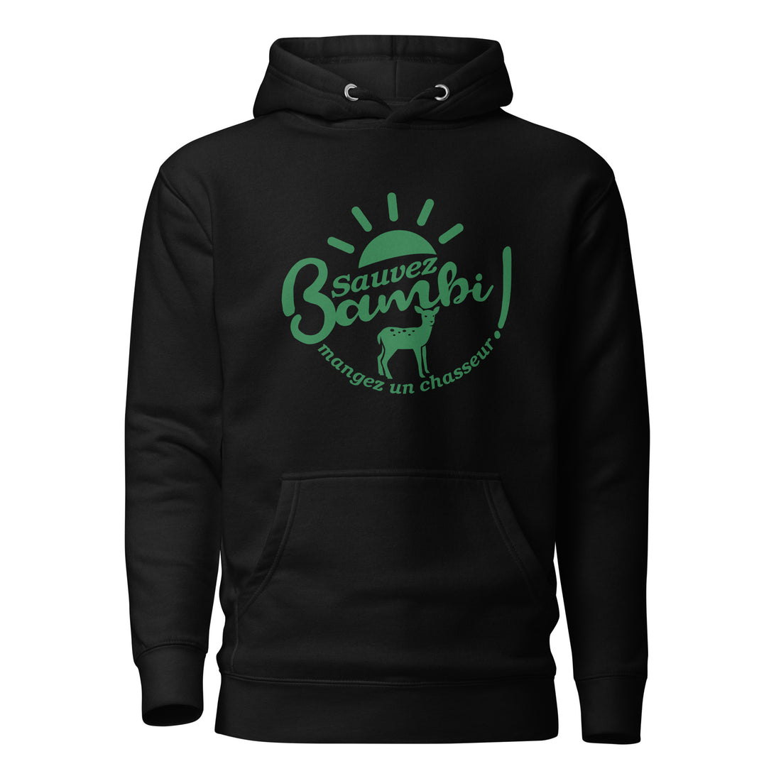 sauvez-bambi-manger-un-chasseur-sweat-capuche-personnalise-noir