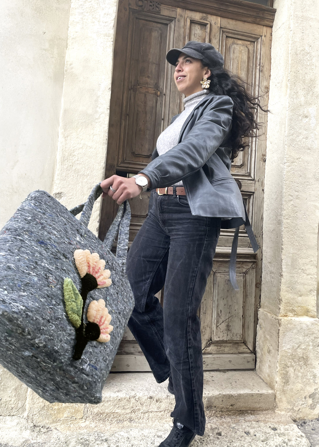 Sac et pochette Fleur gris - Upcycling tufting