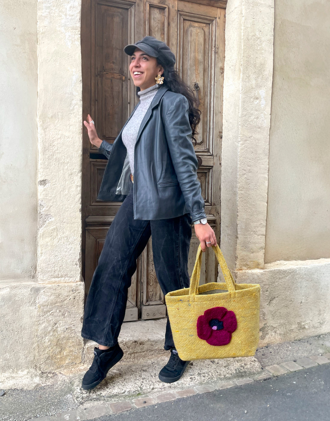 Sac et pochette Fleur jaune - Upcycling tufting
