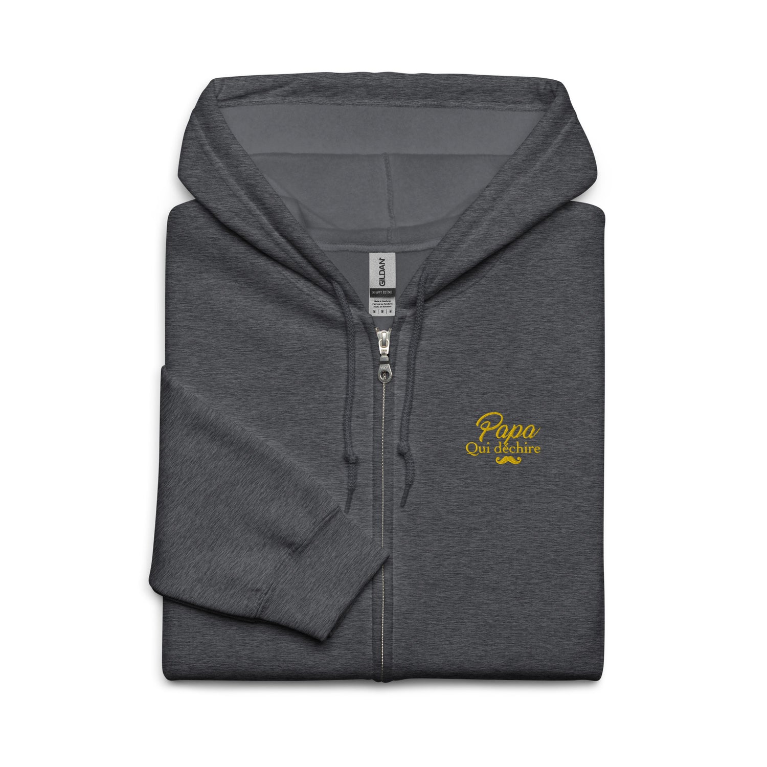 sweat-capuche-zippe-brode-papa-qui-dechire-cadeau-papa-gris-chine-jaune