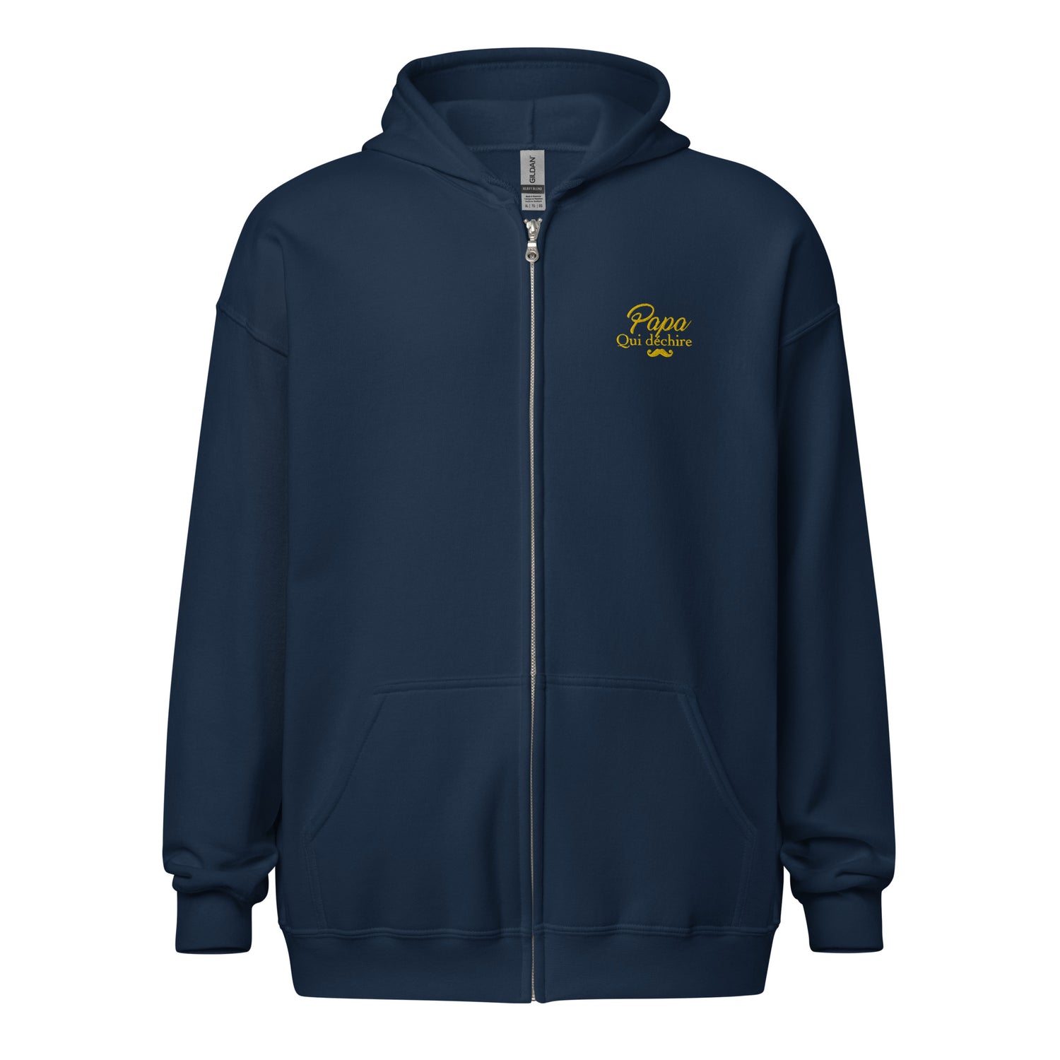 sweat-capuche-zippe-brode-papa-qui-dechire-cadeau-papa-navy-jaune